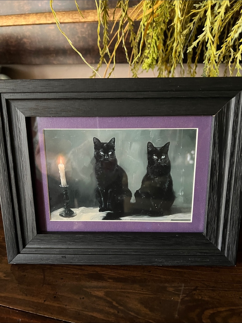 Framed Black Cat Art Print with Purple Mat